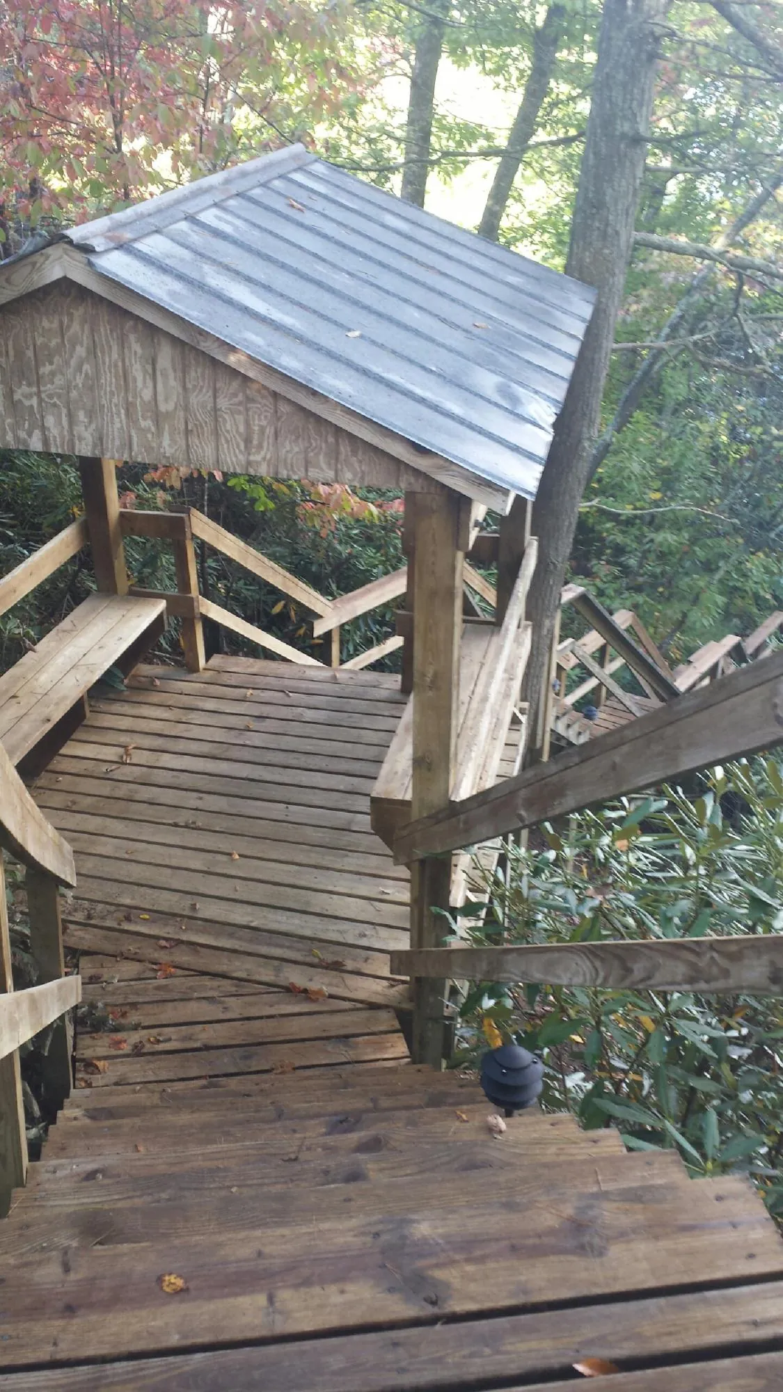 Metal roofed shelter over wooden steps on a wooded walkway — Skylight Repair & Installation work by our crew in Murphysboro